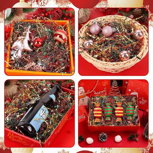 Alt view image 7 of 7 - FOIMAS Christmas Crinkle Cut Paper Shred Filler,7oz Christmas Raffia Paper Sherd Filler with Metallic Xmas Confetti for Gift Box Filler Basket Stuffer Xmas Gift Wrapping Supply, Green Red Gold