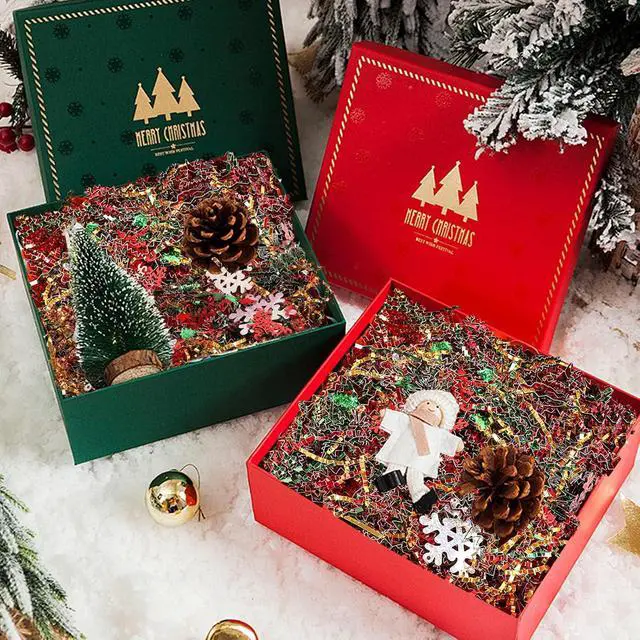 Alt view image 6 of 7 - FOIMAS Christmas Crinkle Cut Paper Shred Filler,7oz Christmas Raffia Paper Sherd Filler with Metallic Xmas Confetti for Gift Box Filler Basket Stuffer Xmas Gift Wrapping Supply, Green Red Gold