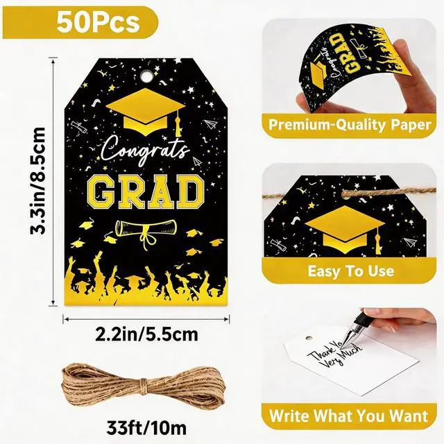Alt view image 2 of 5 - Graduation Gift Tags 2026, 50PCS Gold Foil Congrats Grad Tags with String, Class of 2026 Party Favor Tags for Graduation Party Decor & Gift Wrap (Black with Gold Foil)