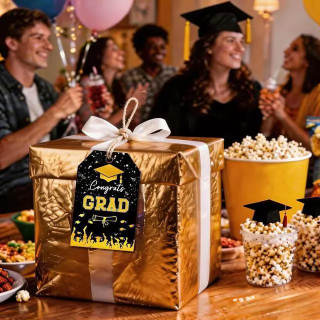 Alt view image 4 of 5 - Graduation Gift Tags 2026, 50PCS Gold Foil Congrats Grad Tags with String, Class of 2026 Party Favor Tags for Graduation Party Decor & Gift Wrap (Black with Gold Foil)