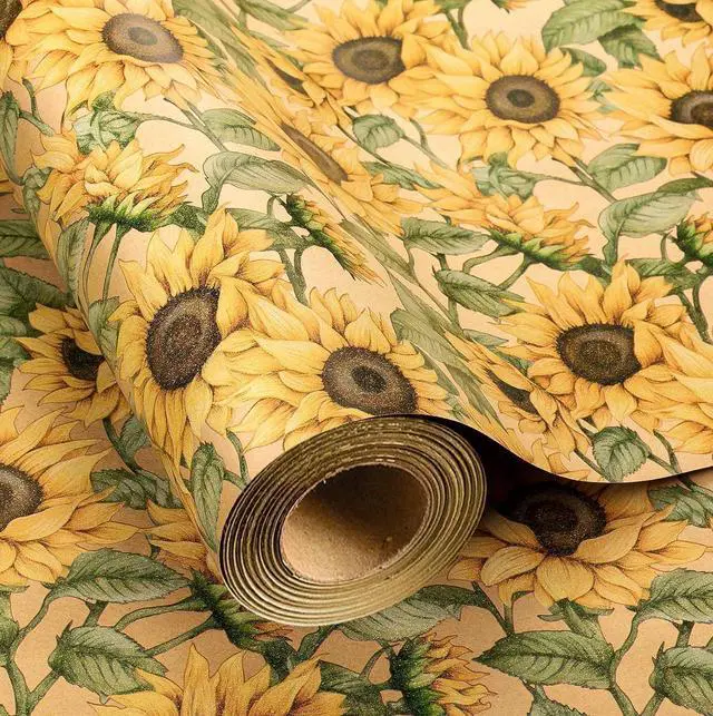 Main image of MAYPLUSS Kraft Sunflowers Gift Wrapping Paper - Vintage Elegant Sunflowers Floral Gift Wrap Paper for Women Birthday, Christmas, Baby Shower, Mothers Day, Thanksgiving, Holiday - 17 Inches X 16.5 Feet