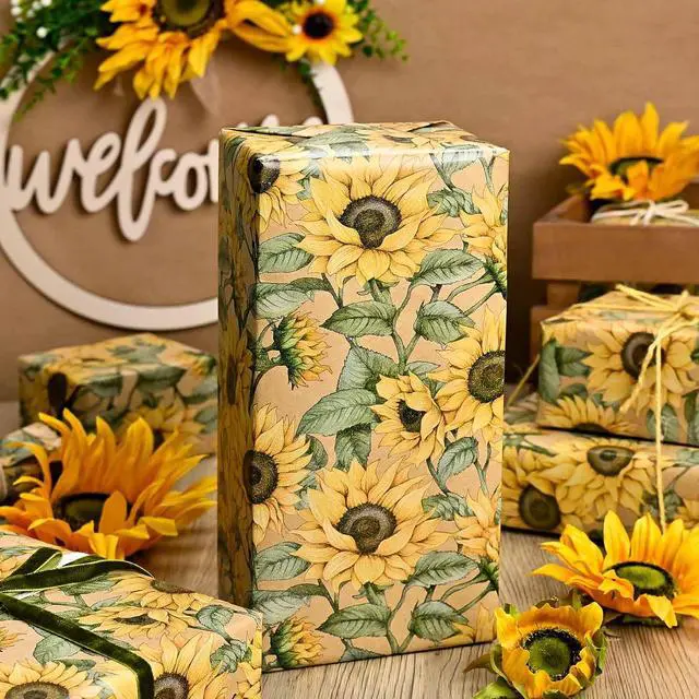 Alt view image 4 of 7 - MAYPLUSS Kraft Sunflowers Gift Wrapping Paper - Vintage Elegant Sunflowers Floral Gift Wrap Paper for Women Birthday, Christmas, Baby Shower, Mothers Day, Thanksgiving, Holiday - 17 Inches X 16.5 Feet