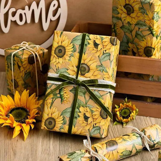 Alt view image 5 of 7 - MAYPLUSS Kraft Sunflowers Gift Wrapping Paper - Vintage Elegant Sunflowers Floral Gift Wrap Paper for Women Birthday, Christmas, Baby Shower, Mothers Day, Thanksgiving, Holiday - 17 Inches X 16.5 Feet