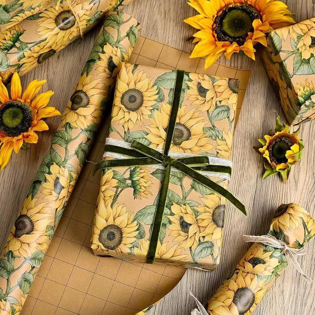 Alt view image 2 of 7 - MAYPLUSS Kraft Sunflowers Gift Wrapping Paper - Vintage Elegant Sunflowers Floral Gift Wrap Paper for Women Birthday, Christmas, Baby Shower, Mothers Day, Thanksgiving, Holiday - 17 Inches X 16.5 Feet