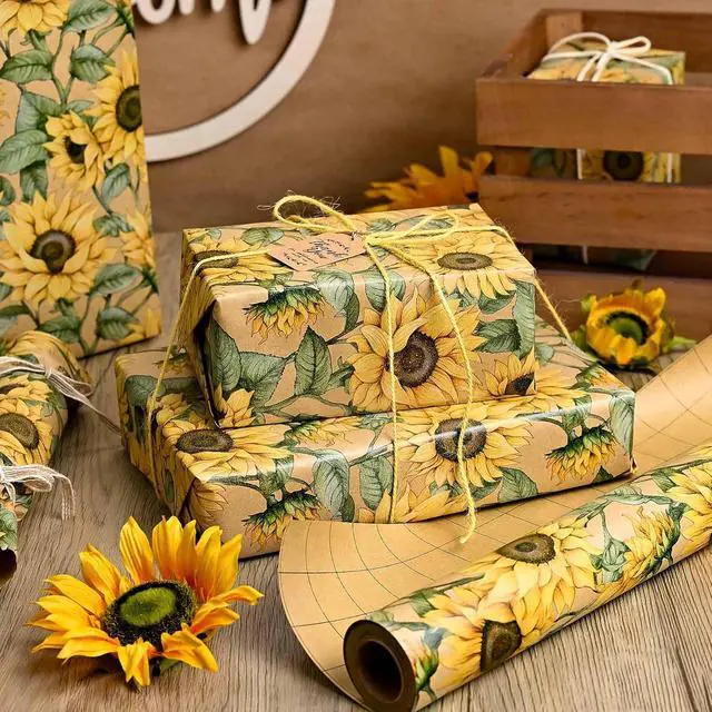 Alt view image 6 of 7 - MAYPLUSS Kraft Sunflowers Gift Wrapping Paper - Vintage Elegant Sunflowers Floral Gift Wrap Paper for Women Birthday, Christmas, Baby Shower, Mothers Day, Thanksgiving, Holiday - 17 Inches X 16.5 Feet