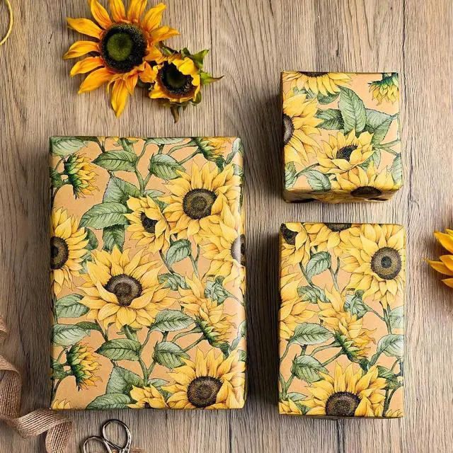 Alt view image 7 of 7 - MAYPLUSS Kraft Sunflowers Gift Wrapping Paper - Vintage Elegant Sunflowers Floral Gift Wrap Paper for Women Birthday, Christmas, Baby Shower, Mothers Day, Thanksgiving, Holiday - 17 Inches X 16.5 Feet