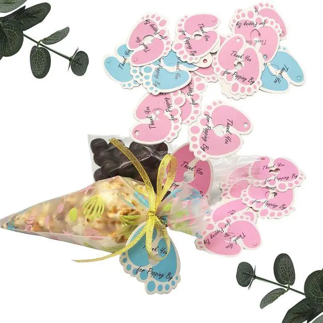 Alt view image 4 of 6 - 50 pcs Thank You Baby Shower Tags Paper Gift Tags Gender Reveal It's a Boy Party Favors Decoration with 10m Gold String Baby Feet Blue
