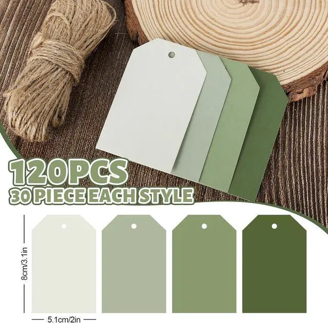 Alt view image 2 of 7 - Whaline 120Pcs Sage Green Paper Gift Tags Gradient Green Hanging Labels with Hemp Ropes 4 Colors Blank Paper Tags for Wedding Birthday Holiday DIY Art Craft Supplies, 3 x 2 Inch
