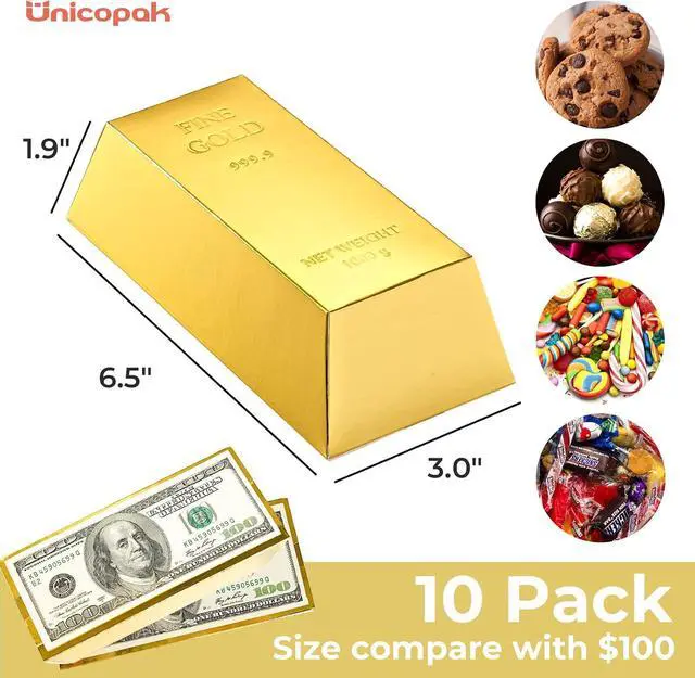 Alt view image 2 of 7 - UnicoPak 10 Pack Gold Bar Party Favor Gift Boxes Treasure Hunt Chocolate Coins Candy Boxes Treat Boxes for Pirate Casino Golden Birthday Money Gifts Themed Party