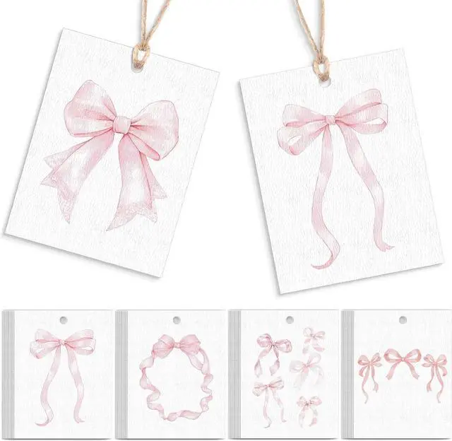 Main image of Dunzoom 50 Pcs Pink Bow Thank You Tags 2 x 3 Inch Watercolor Bow Gift Tags Cards with String Coquette Mothers Day Cards for Baby Shower Birthday Wedding Party Favor Supplies, 5 Styles
