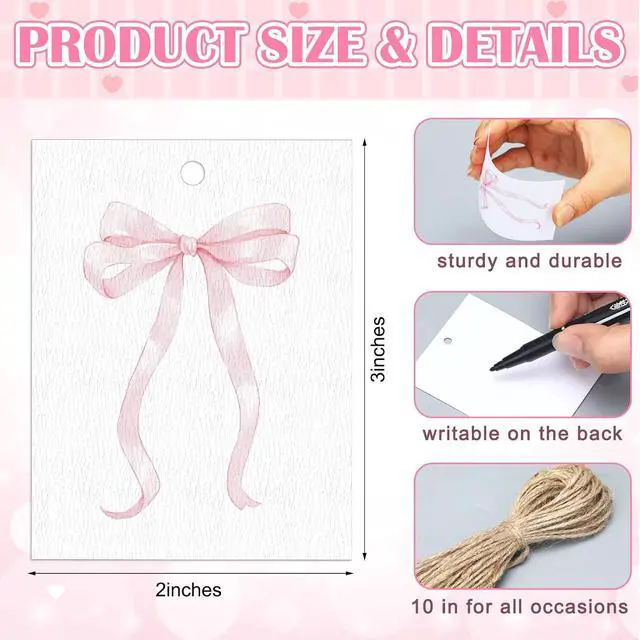 Alt view image 2 of 7 - Dunzoom 50 Pcs Pink Bow Thank You Tags 2 x 3 Inch Watercolor Bow Gift Tags Cards with String Coquette Mothers Day Cards for Baby Shower Birthday Wedding Party Favor Supplies, 5 Styles