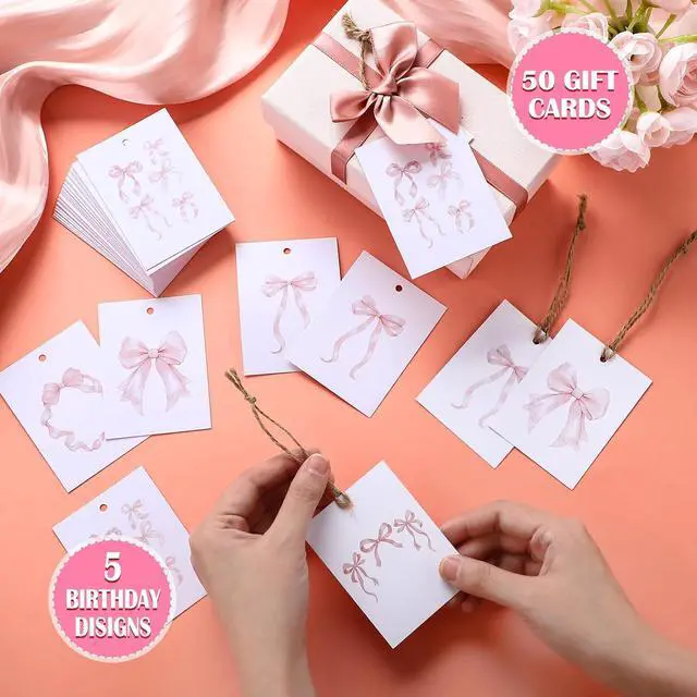 Alt view image 3 of 7 - Dunzoom 50 Pcs Pink Bow Thank You Tags 2 x 3 Inch Watercolor Bow Gift Tags Cards with String Coquette Mothers Day Cards for Baby Shower Birthday Wedding Party Favor Supplies, 5 Styles