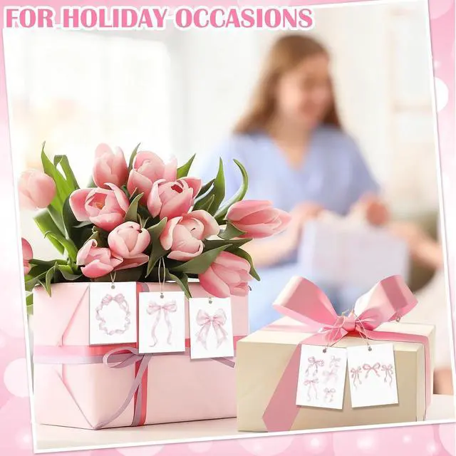Alt view image 6 of 7 - Dunzoom 50 Pcs Pink Bow Thank You Tags 2 x 3 Inch Watercolor Bow Gift Tags Cards with String Coquette Mothers Day Cards for Baby Shower Birthday Wedding Party Favor Supplies, 5 Styles