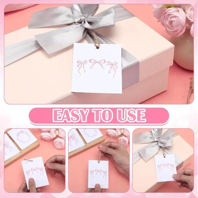 Alt view image 7 of 7 - Dunzoom 50 Pcs Pink Bow Thank You Tags 2 x 3 Inch Watercolor Bow Gift Tags Cards with String Coquette Mothers Day Cards for Baby Shower Birthday Wedding Party Favor Supplies, 5 Styles