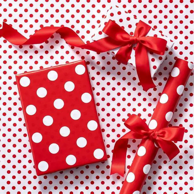 Main image of RUSPEPA Reversible Polka Dot Wrapping Paper, Mini Roll, Red White Large & Small Dots Design, Modern Classic Gift Wrap for Birthday, Holiday, Valentine's Day, Christmas, Party, 17 Inches x 16.4 Feet