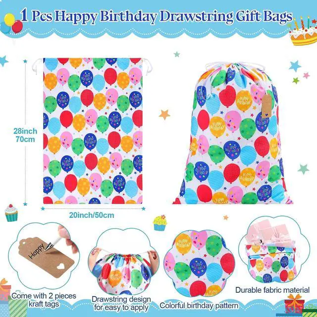 Alt view image 2 of 6 - Pickmesh Happy Birthday Drawstring Gift Bag 20 x 28 Inch Extra Large Baby Shower Bag Reusable Fabric Colorful Balloon Baby Shower Wrapping Pouch for Gender Reveal Gift Wrapping Decor(Colorful Balloon)