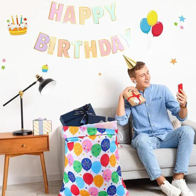 Alt view image 5 of 6 - Pickmesh Happy Birthday Drawstring Gift Bag 20 x 28 Inch Extra Large Baby Shower Bag Reusable Fabric Colorful Balloon Baby Shower Wrapping Pouch for Gender Reveal Gift Wrapping Decor(Colorful Balloon)