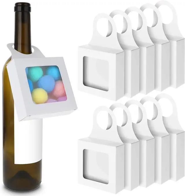 Main image of Paper Wine Bottle Box 10 Pcs with Window and Handles Hanging Foldable Gift