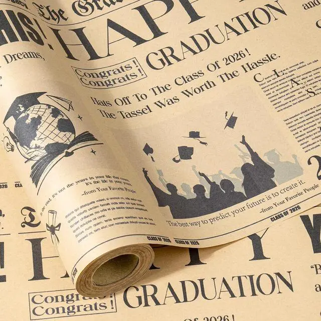 Main image of RUSPEPA Kraft Vintage Newspaper Graduation Wrapping Paper Roll, Mini Roll, Retro The Graduation Times Headline Design with Caps & Diplomas, Kraft Gift Wrap for 2026 Graduates, 17 Inches x 16.4 Feet