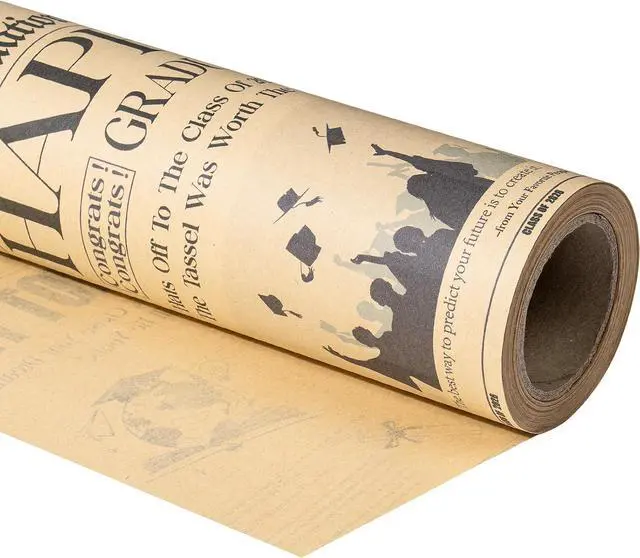 Alt view image 3 of 3 - RUSPEPA Kraft Vintage Newspaper Graduation Wrapping Paper Roll, Mini Roll, Retro The Graduation Times Headline Design with Caps & Diplomas, Kraft Gift Wrap for 2026 Graduates, 17 Inches x 16.4 Feet