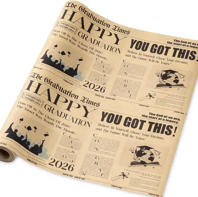Alt view image 2 of 3 - RUSPEPA Kraft Vintage Newspaper Graduation Wrapping Paper Roll, Mini Roll, Retro The Graduation Times Headline Design with Caps & Diplomas, Kraft Gift Wrap for 2026 Graduates, 17 Inches x 16.4 Feet