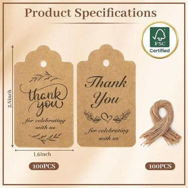 Alt view image 6 of 7 - SallyFashion 100 PCS Thank You Kraft Gift Tags with String, 2 Designs