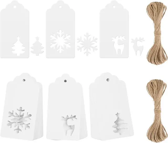 Main image of KINGLAKE Tags - 150 Pcs with String, White Xmas Holiday Blank Paper Gift Tags for Presents, Hollow Christmas Tree Snowflake Reindeer Xmas Labels
