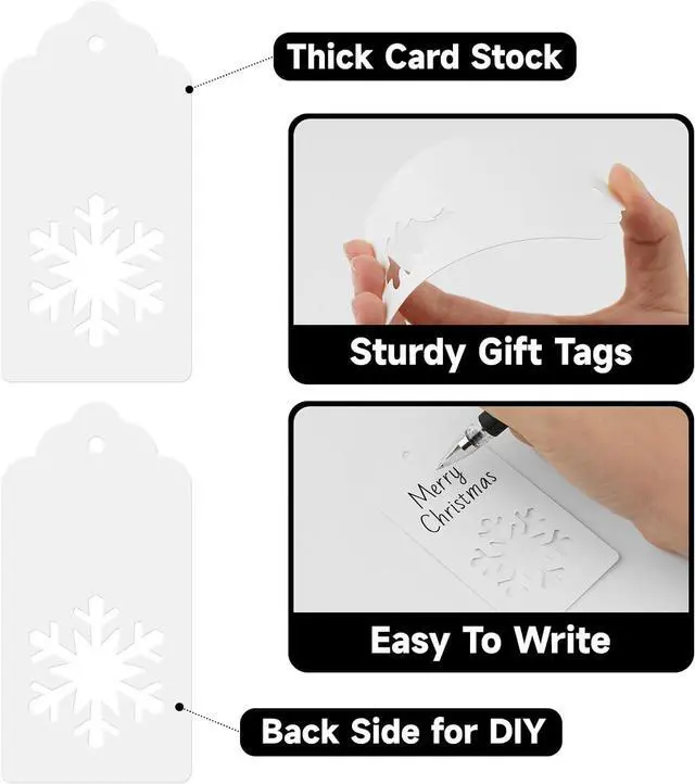 Alt view image 3 of 7 - KINGLAKE Tags - 150 Pcs with String, White Xmas Holiday Blank Paper Gift Tags for Presents, Hollow Christmas Tree Snowflake Reindeer Xmas Labels