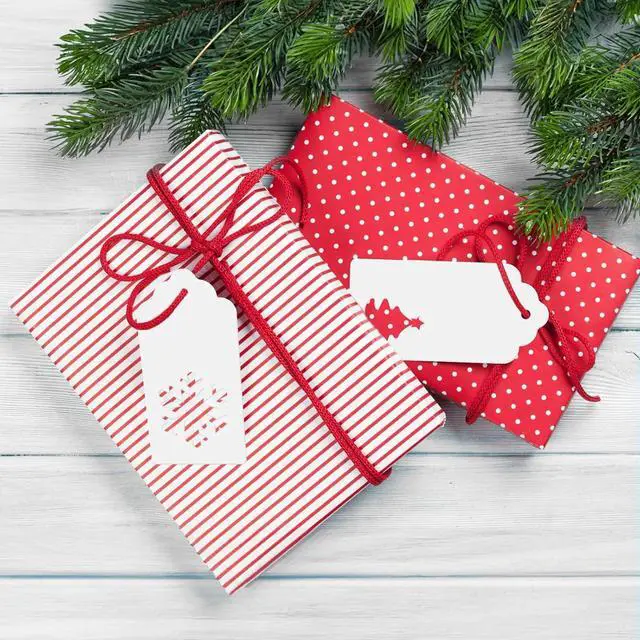 Alt view image 4 of 7 - KINGLAKE Tags - 150 Pcs with String, White Xmas Holiday Blank Paper Gift Tags for Presents, Hollow Christmas Tree Snowflake Reindeer Xmas Labels