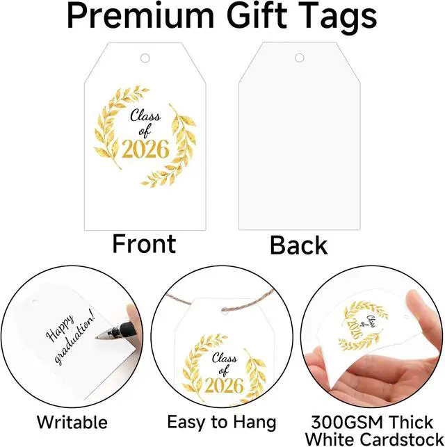 Alt view image 3 of 7 - Joycraft Graduation Gift Tags, 50Pcs Congrats Grad Tags with String, 3.3x2.1 in Class of 2026 Gift Wrap Hangtags, White Personalized Paper Labels for Graduation Ceremonies Party Favors Decor