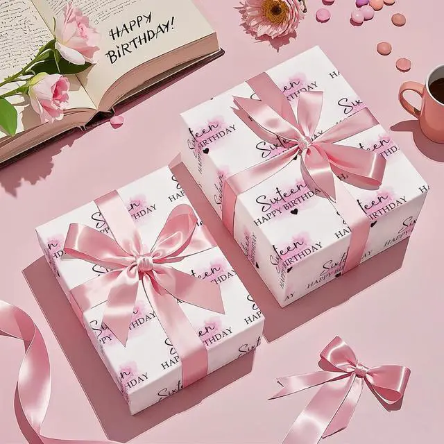 Alt view image 4 of 7 - WRAPAHOLIC 16th Birthday Wrapping Paper Roll - Mini Roll - 17 Inch x 16.5 Feet - Blusher and Sixteen Happy Birthday Wrapping Paper for Girls Bday, Baby Shower, Party