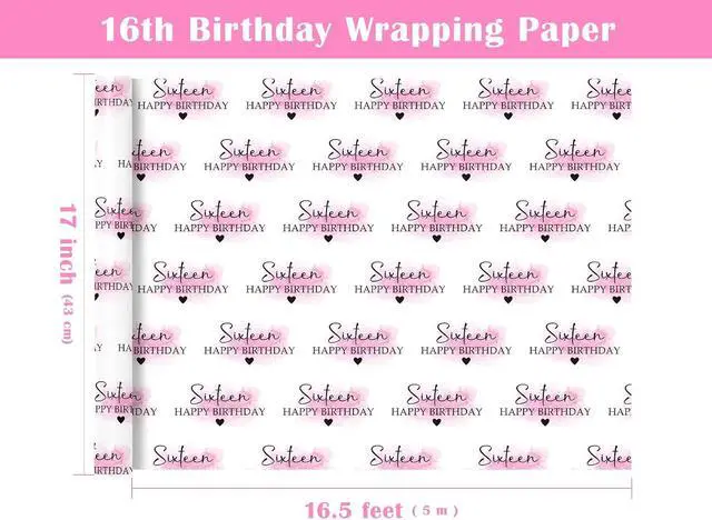 Alt view image 3 of 7 - WRAPAHOLIC 16th Birthday Wrapping Paper Roll - Mini Roll - 17 Inch x 16.5 Feet - Blusher and Sixteen Happy Birthday Wrapping Paper for Girls Bday, Baby Shower, Party