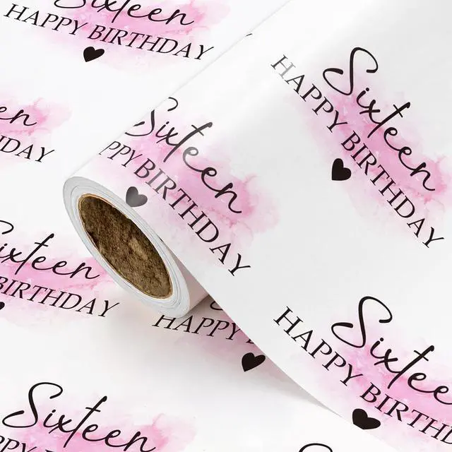 Main image of WRAPAHOLIC 16th Birthday Wrapping Paper Roll - Mini Roll - 17 Inch x 16.5 Feet - Blusher and Sixteen Happy Birthday Wrapping Paper for Girls Bday, Baby Shower, Party