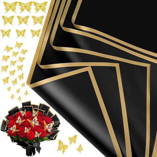 Main image of cridoz 20 Sheets Flower Bouquet Wrapping Paper with 12 Pieces Gold Butterfly Decorations for Flower Bouquets, Waterproof Floral Bouquet Wrapping Paper for Flower, Gift Wrapping(Black)