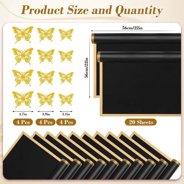 Alt view image 2 of 7 - cridoz 20 Sheets Flower Bouquet Wrapping Paper with 12 Pieces Gold Butterfly Decorations for Flower Bouquets, Waterproof Floral Bouquet Wrapping Paper for Flower, Gift Wrapping(Black)