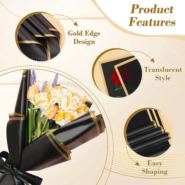 Alt view image 3 of 7 - cridoz 20 Sheets Flower Bouquet Wrapping Paper with 12 Pieces Gold Butterfly Decorations for Flower Bouquets, Waterproof Floral Bouquet Wrapping Paper for Flower, Gift Wrapping(Black)