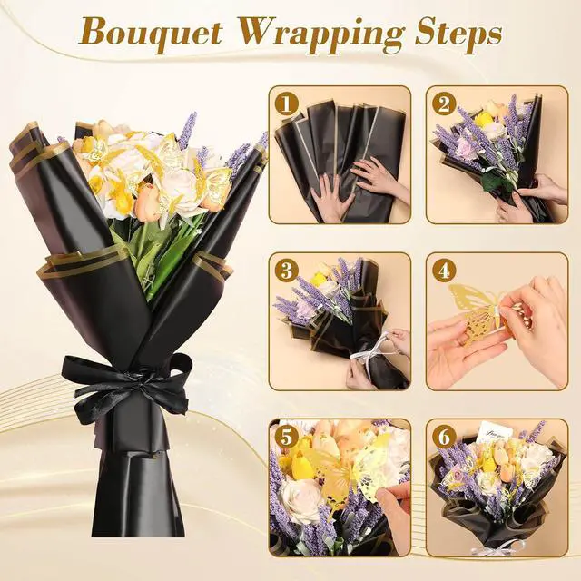 Alt view image 5 of 7 - cridoz 20 Sheets Flower Bouquet Wrapping Paper with 12 Pieces Gold Butterfly Decorations for Flower Bouquets, Waterproof Floral Bouquet Wrapping Paper for Flower, Gift Wrapping(Black)