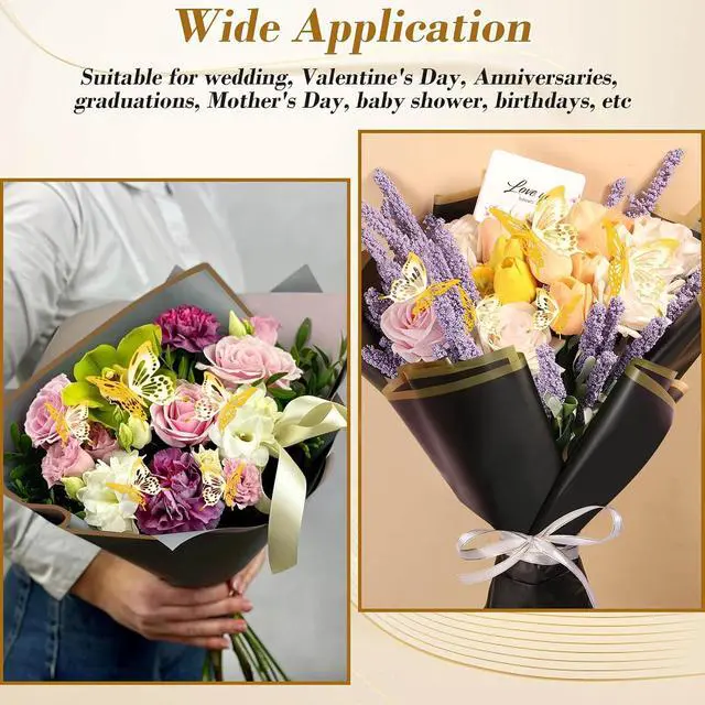 Alt view image 6 of 7 - cridoz 20 Sheets Flower Bouquet Wrapping Paper with 12 Pieces Gold Butterfly Decorations for Flower Bouquets, Waterproof Floral Bouquet Wrapping Paper for Flower, Gift Wrapping(Black)