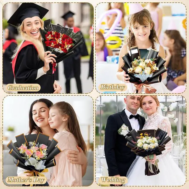 Alt view image 7 of 7 - cridoz 20 Sheets Flower Bouquet Wrapping Paper with 12 Pieces Gold Butterfly Decorations for Flower Bouquets, Waterproof Floral Bouquet Wrapping Paper for Flower, Gift Wrapping(Black)