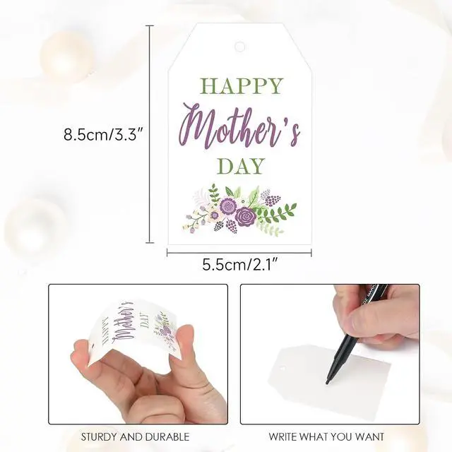 Alt view image 2 of 7 - joycraft Gift Tags for Mother's Day - 50Pcs Floral Mother's Day Tags with String, 3.3x2.1 in White Kraft Paper Gift Labels, Purple Flower Labels for Party Favor Craft Mom's Birthday Present Wrap