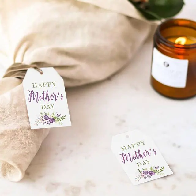Alt view image 5 of 7 - joycraft Gift Tags for Mother's Day - 50Pcs Floral Mother's Day Tags with String, 3.3x2.1 in White Kraft Paper Gift Labels, Purple Flower Labels for Party Favor Craft Mom's Birthday Present Wrap