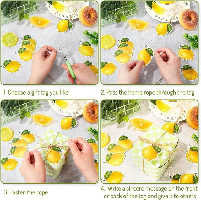 Alt view image 3 of 6 - Whaline 120Pcs Lemon Gift Tags with Hemp Rope Artificial Lemon Paper Tags Summer Lemon Hanging Labels Seasonal Wishes Labels for Summer Birthday Lemon Party DIY Gift Party Favor Decor