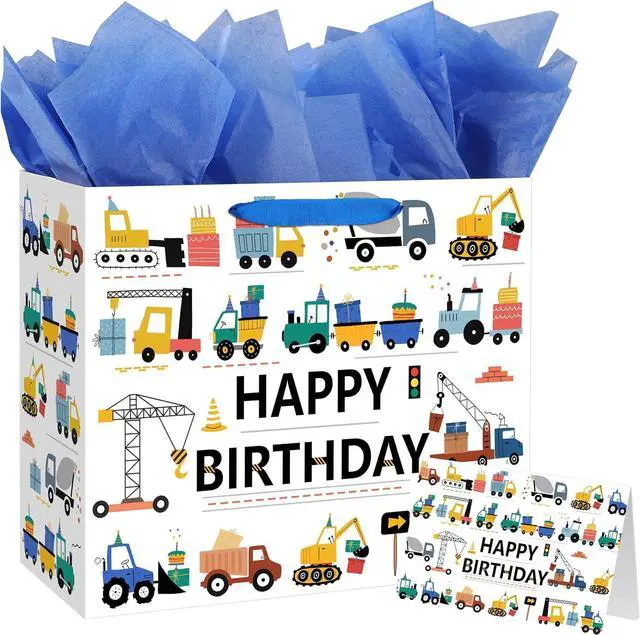 Main image of Yusenguan 13 Construction Birthday Gift Bag for Baby Boys Kids with Tissue Paper and Greeting Card (Trucks Excavators Cranes Vehicle-Themed)