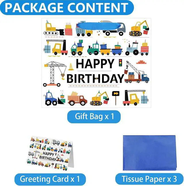 Alt view image 2 of 6 - Yusenguan 13 Construction Birthday Gift Bag for Baby Boys Kids with Tissue Paper and Greeting Card (Trucks Excavators Cranes Vehicle-Themed)