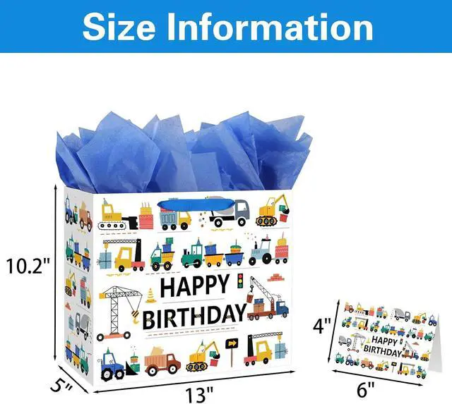 Alt view image 3 of 6 - Yusenguan 13 Construction Birthday Gift Bag for Baby Boys Kids with Tissue Paper and Greeting Card (Trucks Excavators Cranes Vehicle-Themed)