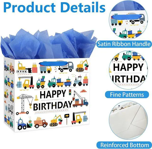 Alt view image 4 of 6 - Yusenguan 13 Construction Birthday Gift Bag for Baby Boys Kids with Tissue Paper and Greeting Card (Trucks Excavators Cranes Vehicle-Themed)