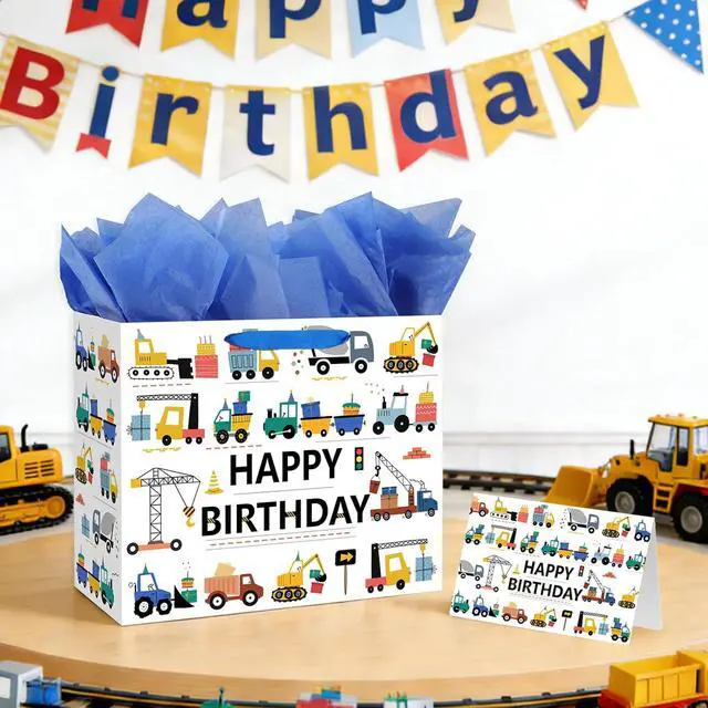 Alt view image 5 of 6 - Yusenguan 13 Construction Birthday Gift Bag for Baby Boys Kids with Tissue Paper and Greeting Card (Trucks Excavators Cranes Vehicle-Themed)