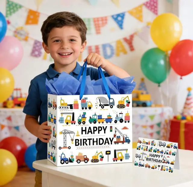 Alt view image 6 of 6 - Yusenguan 13 Construction Birthday Gift Bag for Baby Boys Kids with Tissue Paper and Greeting Card (Trucks Excavators Cranes Vehicle-Themed)