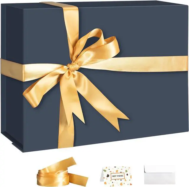 Main image of CHARMGIFTBOX Blue Gift Boxes with Lids, 11x8x4 Inches Gift Box with Ribbon, Collapsible Gift Boxes with Magnetic Closure for Presents, Bridesmaid Proposal Box Contains Gift Card Ribbon Tag