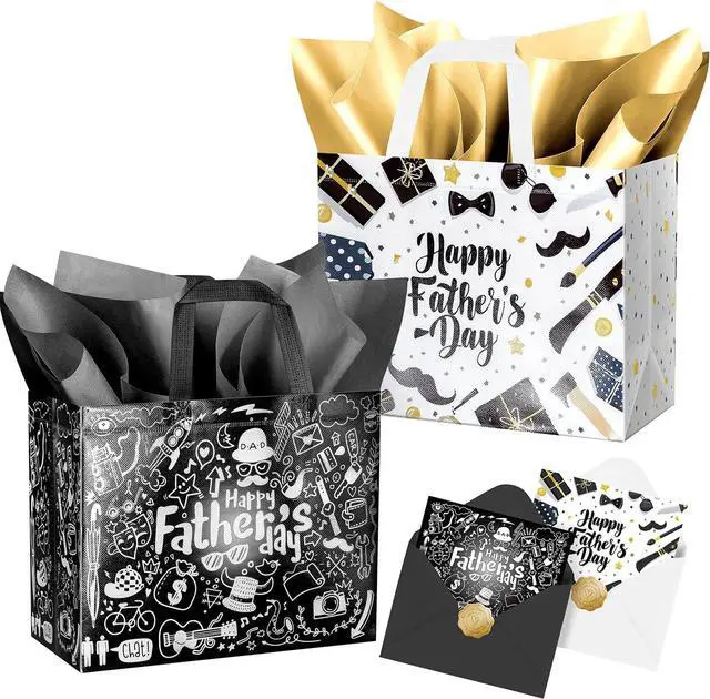 Main image of JWSCYSY 12.6" Father's Day Bag with Tissue Papers and Card, 2Pcs Large Reusable Non-Woven Gift Bags with Handles, Happy Father's Day Bag for Men, Husband, Dad, Grandfather (Black, White)